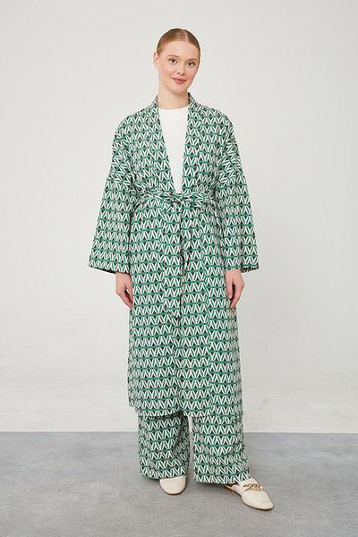 Levidor Green Patterned Linen Belt Tied Kimono Set