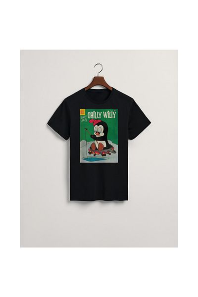 MarkaTurko Tricou unisex din bumbac pieptănat Chilly Willy-505-18 negru cu design special