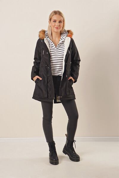 HAKKE Women's Hooded Pocket Snap Fastener Furry Coat