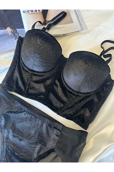 dem merys Black velvet glittery corset bra set