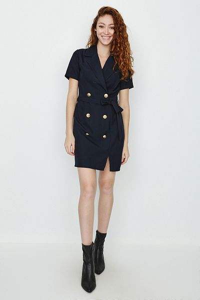 Select Moda Γυναικείο φόρεμα με σκούρο ναυτικό μπλε κουμπιά με λεπτομέρεια με ζώνη
