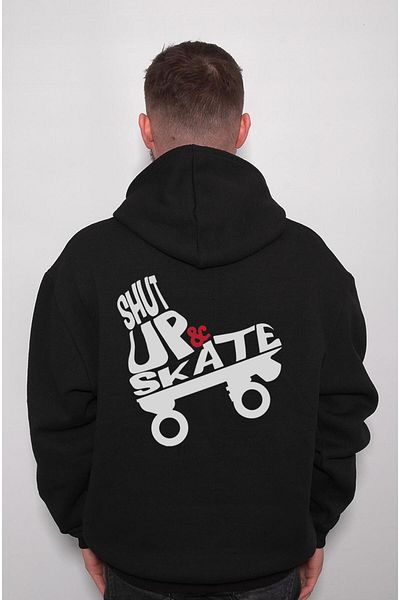 BIGROON Унисекс суитшърт с качулка и дизайн за скейтборд Shut Up Skate