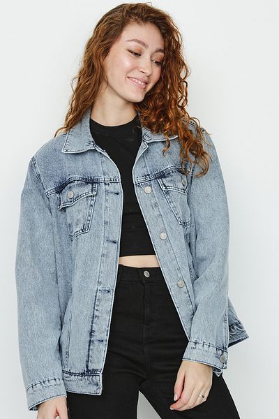 Select Moda Jachetă de blugi supradimensionată cu buzunar albastru pentru femei