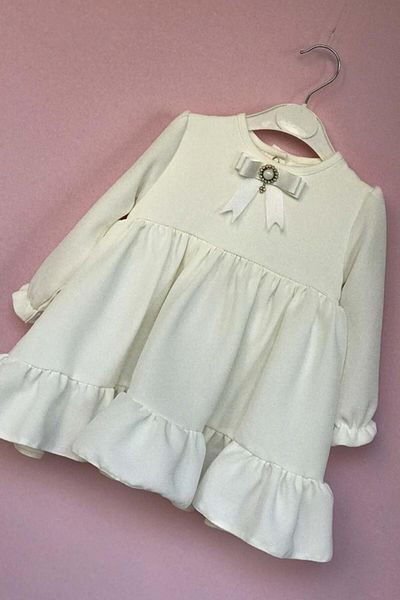 Bertuğ Bebek Special Design Off-White Crepe Girl Child Baby Mevlüt Birthday Wedding Dress with Brooch Detail