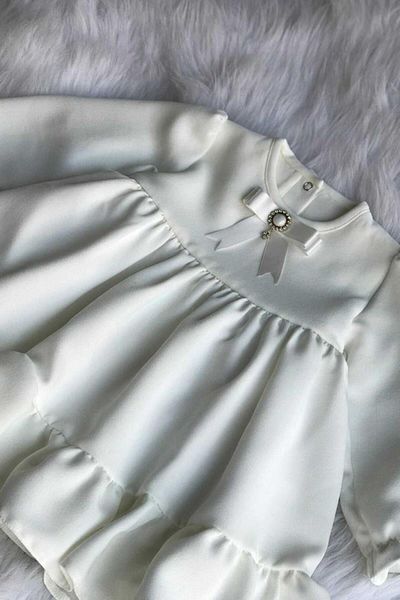Bertuğ Bebek Special Design Off-White Crepe Girl Child Baby Mevlüt Birthday Wedding Dress with Brooch Detail