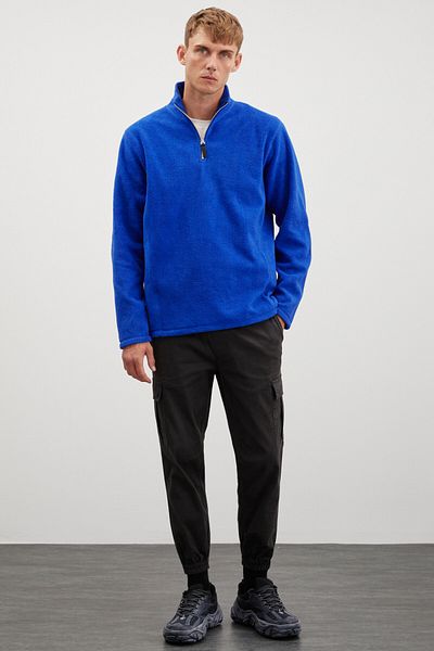 GRIMELANGE Hayes Herren-Fleece-Halbreißverschluss mit Lederzubehör, dickes, strukturiertes Comfort-Fit-Saks-Blau-Fleece