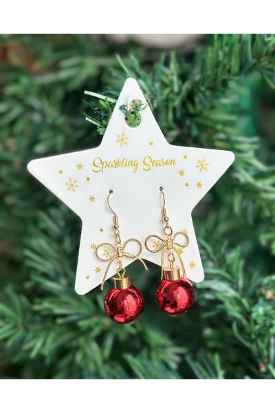 QUEEN AKSESUAR Imported Luxury Christmas Kokina Metallic Shiny Red Ball Gold Bow Pendant Earrings