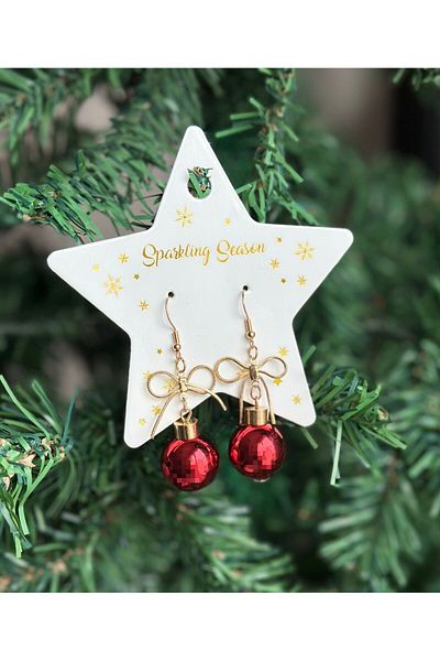 QUEEN AKSESUAR Imported Luxury Christmas Kokina Metallic Shiny Red Ball Gold Bow Pendant Earrings