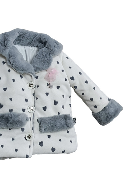Hippıl Baby Çaren Kids- Kız Çocuk Kürk Detaylı , Kalp Desenli, Düğmeli, Astarlı Polar Mont