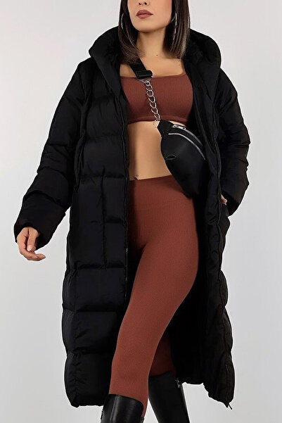 Naliru Kadın Kapüşonlu Büyük Torba Cepli Dolgulu Fermuarlı Sıcak Diz Üstü Şişme Mont