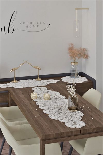 CAMİNHO DA LUA Damla 5 Piece Luxury Runner Living Room Coffee Table Tablecloth Set French Laced Dowry Set Ecru