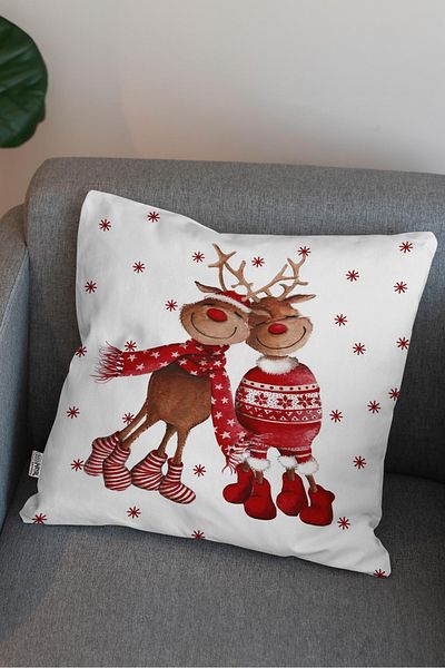 Hayal Dekoratif Christmas Deer Patterned Brown Digital Printed Decorative Pillow and Cushion Cover