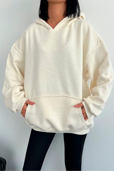 Grove Fashion Ecru Oversize Hoodie 3 Thread Raster Unisex Hooded Sweatshirt