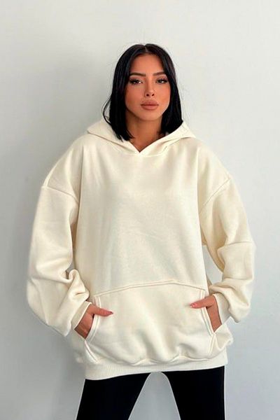 Grove Fashion Ecru Oversize Hoodie 3 Thread Raster Unisex Hooded Sweatshirt