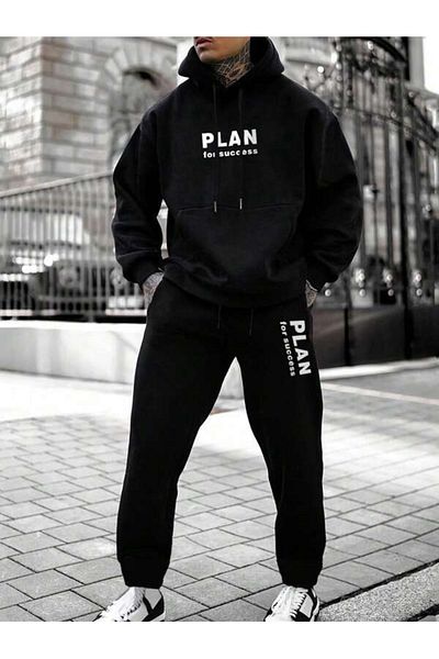 Josette Plan Success Winter Bottom Top Set Sweatshirt Tracksuit Bottoms - Black Printed Oversize Hoodie