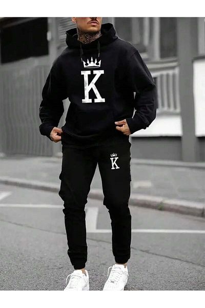 Josette K Taç Winter Bottom Top Set Sweatshirt Tracksuit Bottoms - Black Printed Oversize Hoodie