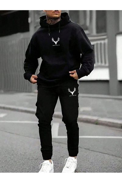 Josette Deer Logo Black Oversize Door Sweatshirt & Sweatpants Winter Top Bottom Set