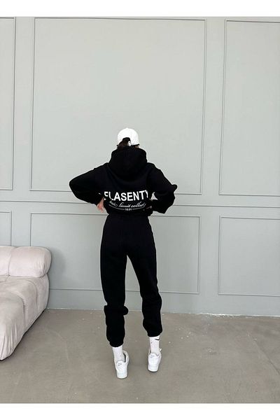 Josette Flasenty Winter Bottom Top Set Sweatshirt Tracksuit Bottoms - Black Printed Oversize Hoodie