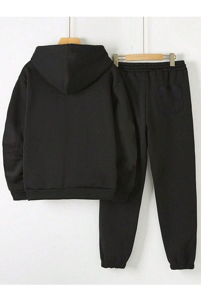 Josette Deer Logo Black Oversize Door Sweatshirt & Sweatpants Winter Top Bottom Set