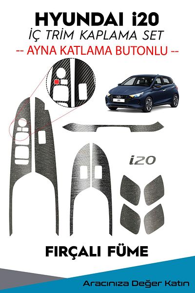 GRAFİCAR New Hyundai I20 Compatible Interior Trim Foil Coating Set/Brushed Smoked/Mirror With Folding Button/ELITE