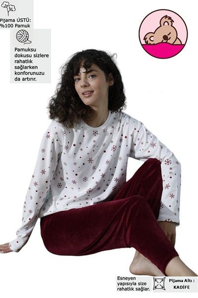 bie's Burgundy White Snowflake Crew Neck Low Shoulder Interlock Cotton Top Velvet Bottom Pajama Tracksuit Set