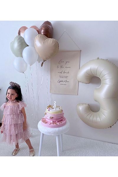 Çemrek Süs Parti Cream beige foil 3 numbers and foil coffee heart balloon bunch 11 pieces of balloons