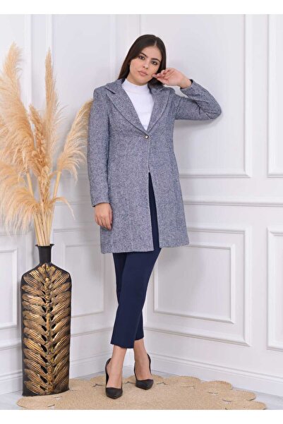 SİZ Kadın Gri Zigzak Desenli Kaşe Astarlı Uzun Kaban