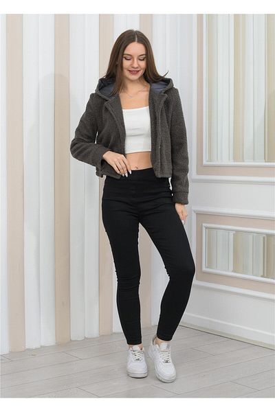 Nuseel New Season Plush Curly Crop Hooded Coat Anthracite