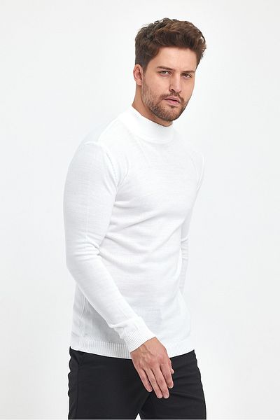 MODAMESTO Men's White Slim Fit Half Turtleneck Knitwear Sweater