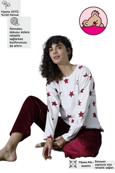 bie's Burgundy White Star Crew Neck Low Shoulder Interlock Cotton Top Velvet Bottom Pajama Tracksuit Set