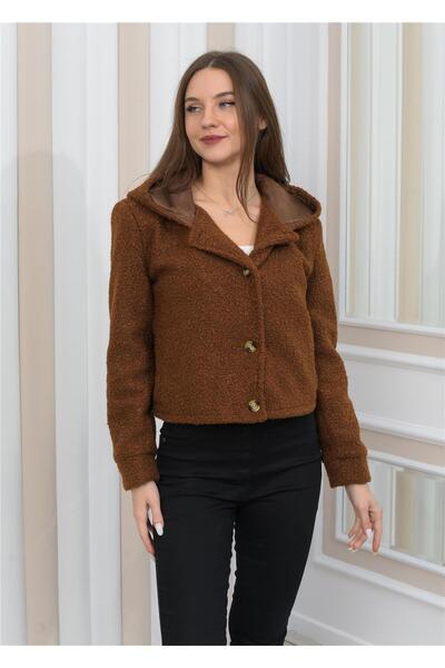 Nuseel Yeni Sezon Peluş Kıvırcık Crop Kapşonlu Mont Kahverengi