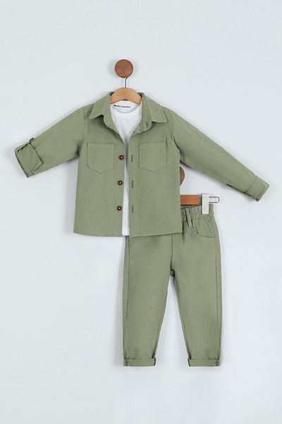 Pollito Boy's Cotton Shirt T-shirt Trousers 3-Piece Bottom Top Set