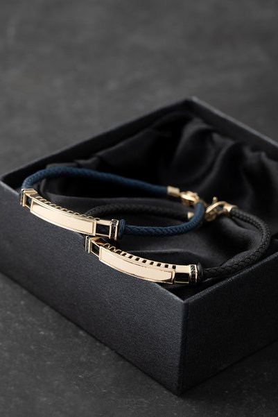 Cenova Jewelry 14 Ayar Altın Plaka Lacivert Kauçuk Erkek Bileklik