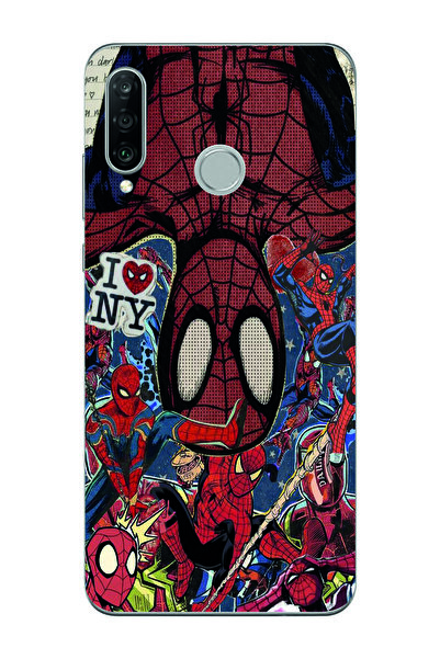 Magic Ring Huawei P30 Lite Uyumlu Spiderman Kolaj Desenli Şeffaf Telefon Kılıfı