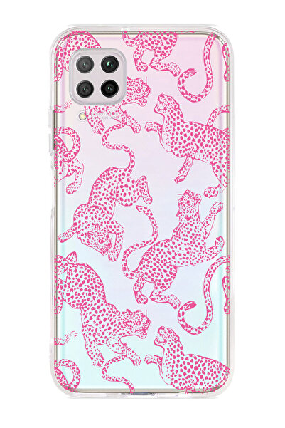 Magic Ring Huawei P40 Lite Uyumlu Pembe Leopar Desenli Şeffaf Telefon Kılıfı