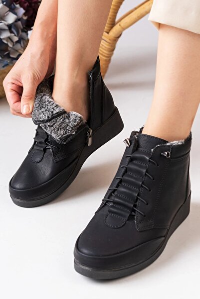 SEHER AYAKKABI Su Soğuk Dayanıklı Polar Astar Kürklü Kışlık Fermuarlı Bot Kauçuk Taban