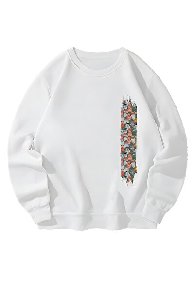 MAGORS Λευκό φούτερ Unisex με κάθετη στάμπα γάτας