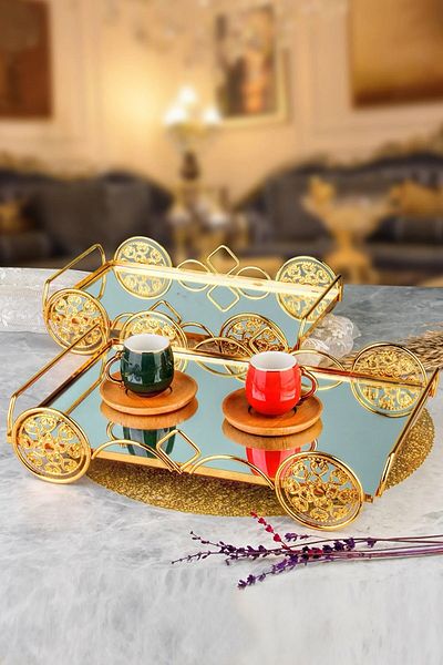 devigo Authentic Gold Car Patterned Mirrored 1 Set 2 Size Luxury Presentation Holder, Treat, Gift Tray