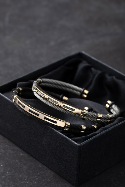 Cenova Jewelry 14 Ayar Altın Gri Çelik Kelepçe Model Erkek Bileklik