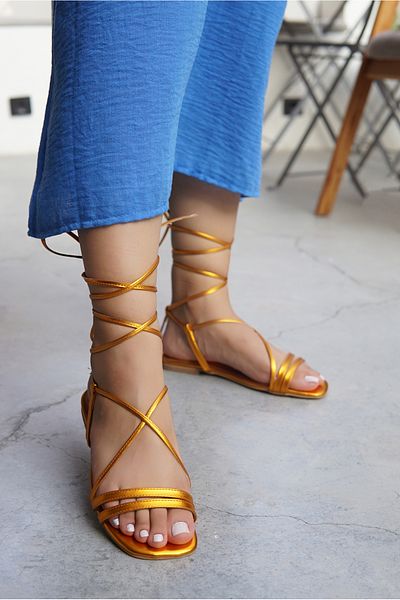 LAMİNTA Whisper Orange Stripe Detailed Laced Women's Sandals