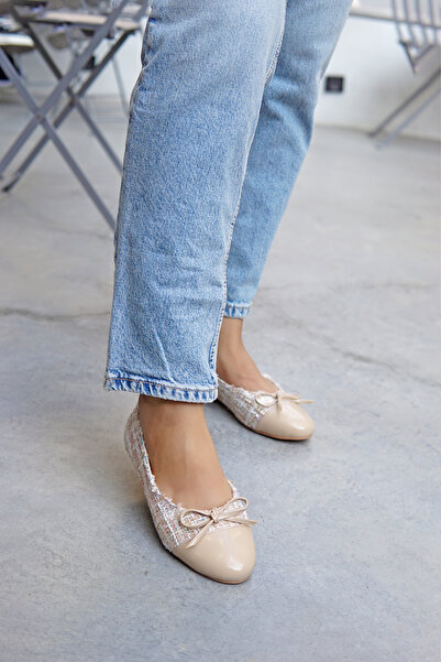 LAMİNTA Teresa Nude Women's Ballerinas with Tweed Bow Detail