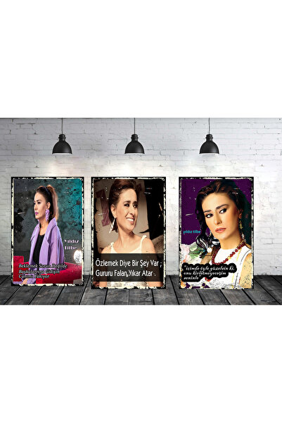 TAKIFİX Yıldız Tilbe Temalı 3 Parça 20 x 30 CM Retro Ahşap Poster