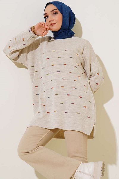 Egelite Women's Winter Colorful Patterned Thick Knitwear Hijab Tunic