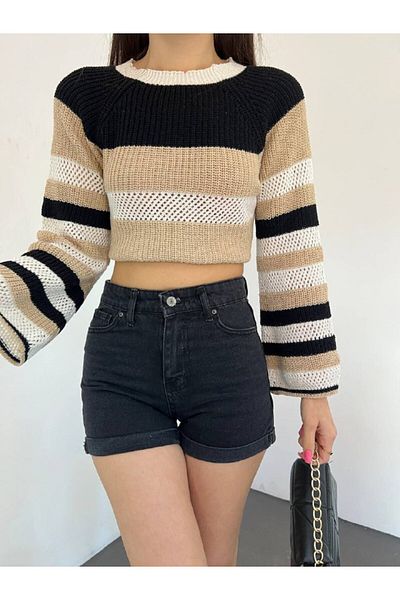 NEWLAKER Pulover crop de tricotaje cu dungi blocate de culoare
