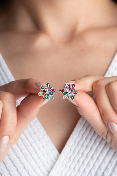 Silvano Jewelry 925 Ayar Gümüş Renkli Lotus Çiçeği Küpe