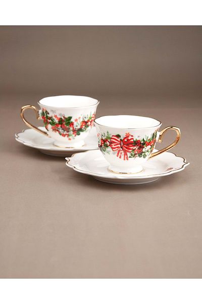 Bursa Porselen Dekor Christmas ribbon gold gilded coffee cup set for two