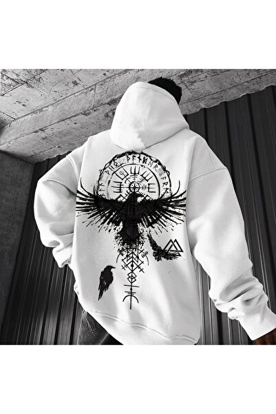 Benisengiydir White Eagle Printed Hooded Oversize Sweatshirt Men &