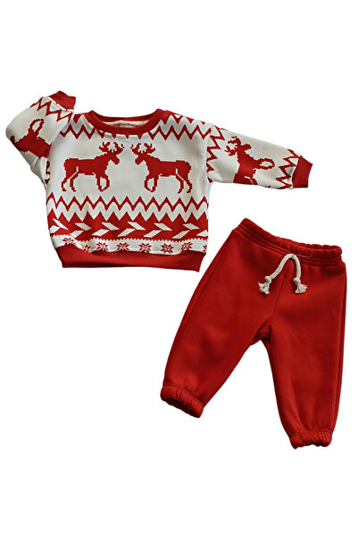 Baby Wood Çaren Kids - Christmas Themed Unisex Baby 2-Piece Set - Double Deer Printed Sweatshirt & Sweatpants