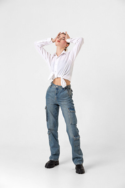 Darkly Jeans Kadın Yüksek Bel Beli ayarlanabilir Kargo Pantolon