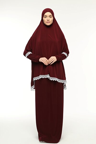 Altobeh Women's Two Piece Lycra Sandy Fabric Lace Sleeve Prayer Dress-burgundy